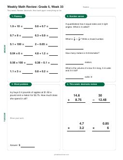 Week 33 sheet: Review: decimals
