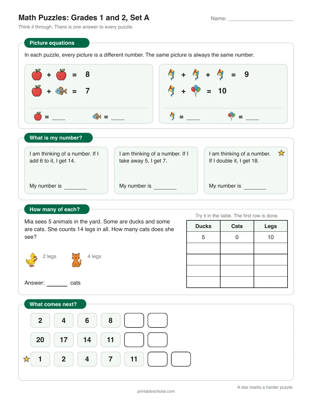 Math Puzzles: Grades 1–2, Set A printable preview