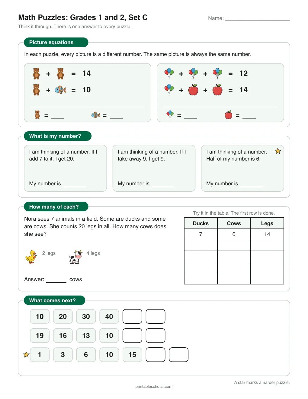 Math Puzzles: Grades 1–2, Set C printable preview