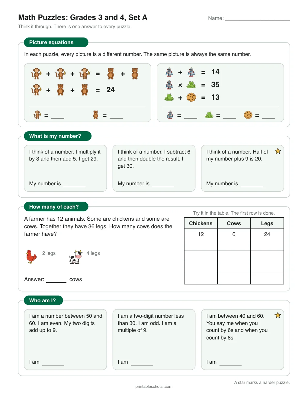 Math Puzzles: Grades 3–4, Set A printable preview