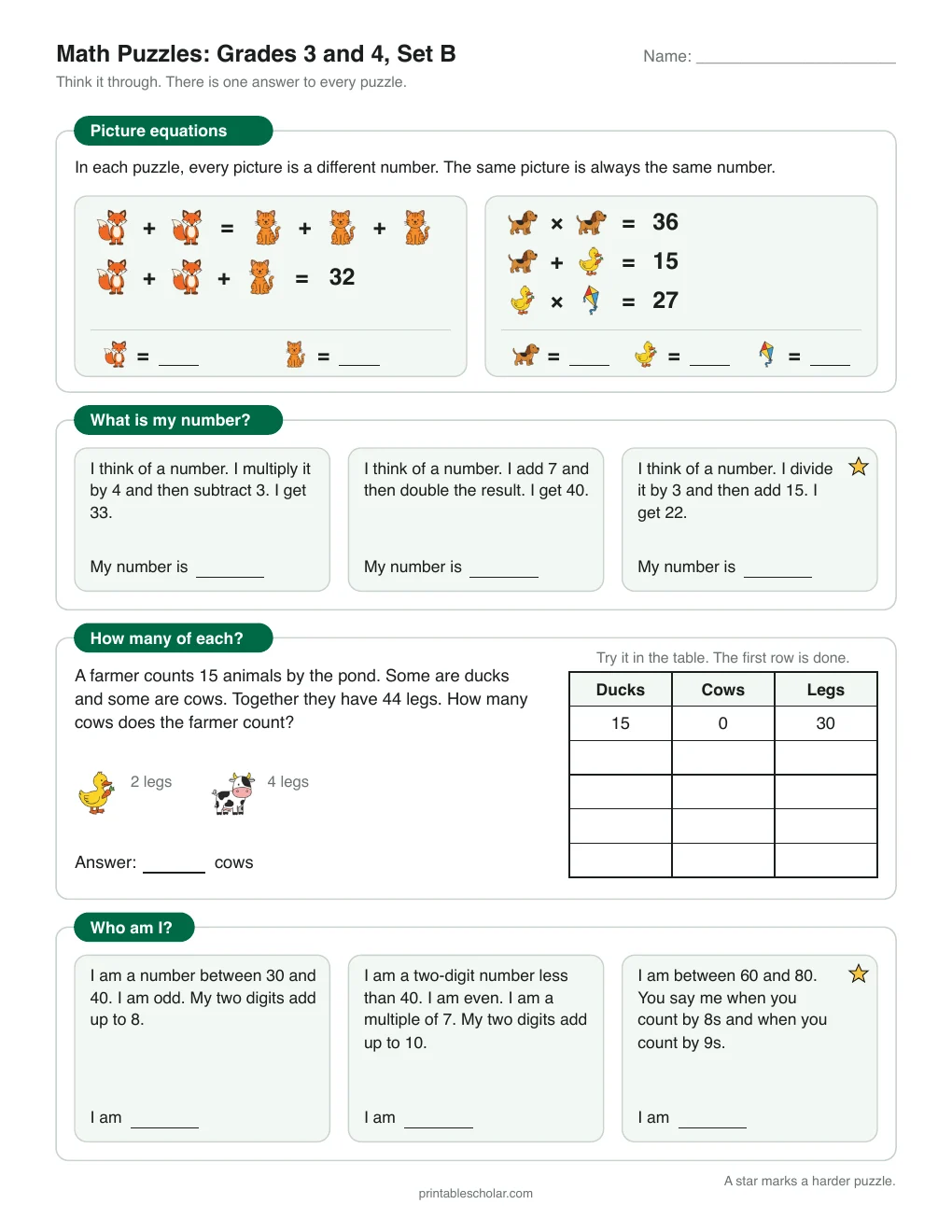 Math Puzzles: Grades 3–4, Set B printable preview