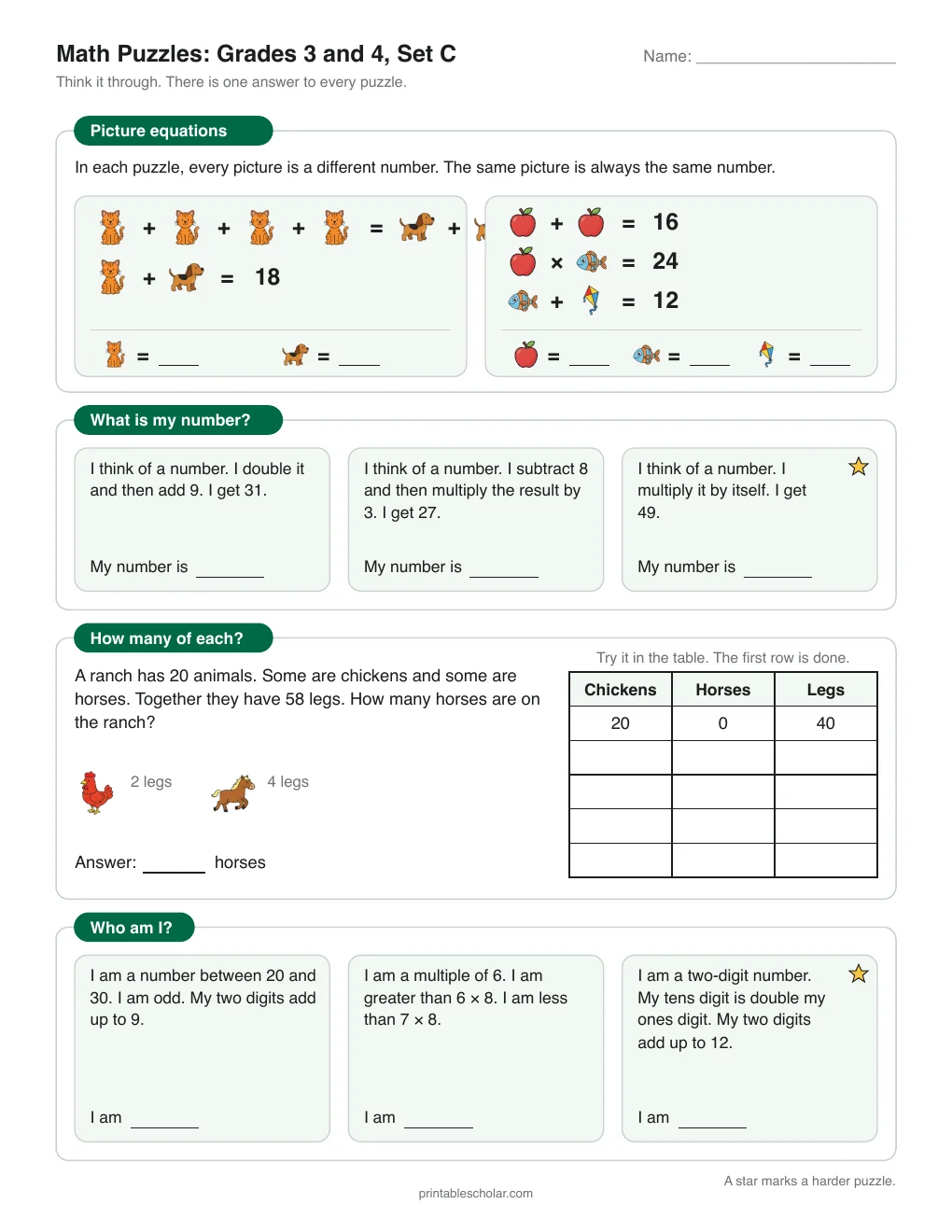 Math Puzzles: Grades 3–4, Set C printable preview