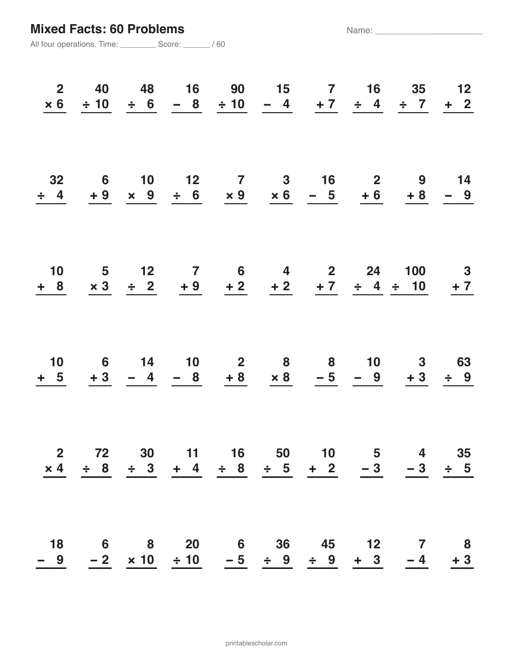 Mixed Facts: 60 Problems printable preview