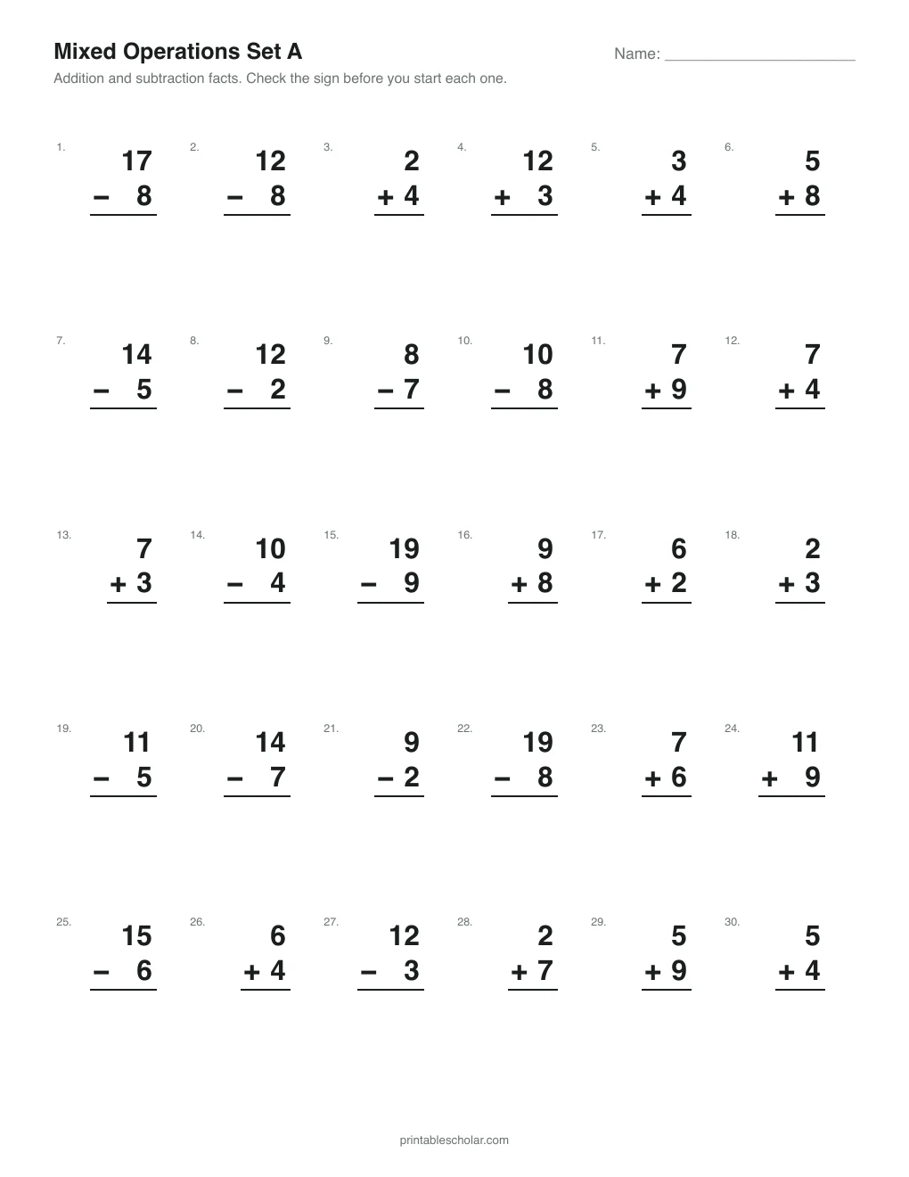 Set A: Addition and Subtraction Facts printable preview