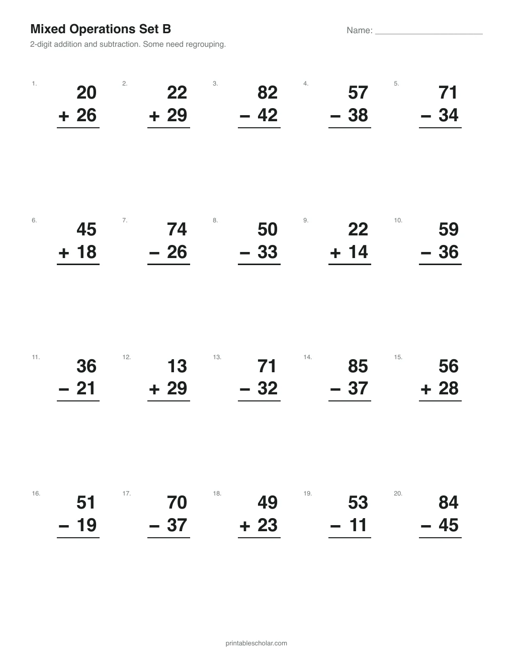 Set B: 2-Digit Addition and Subtraction printable preview
