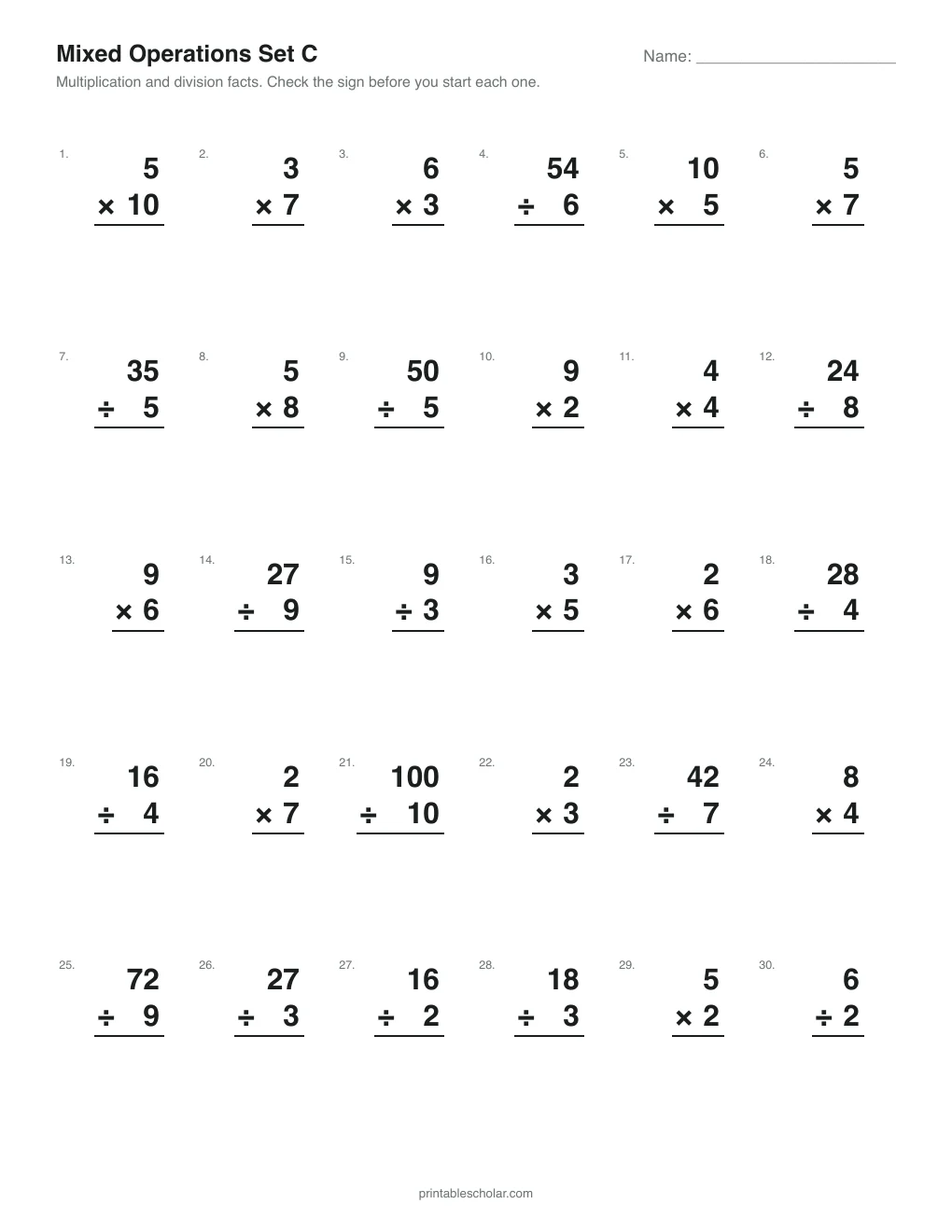 Set C: Multiplication and Division Facts printable preview