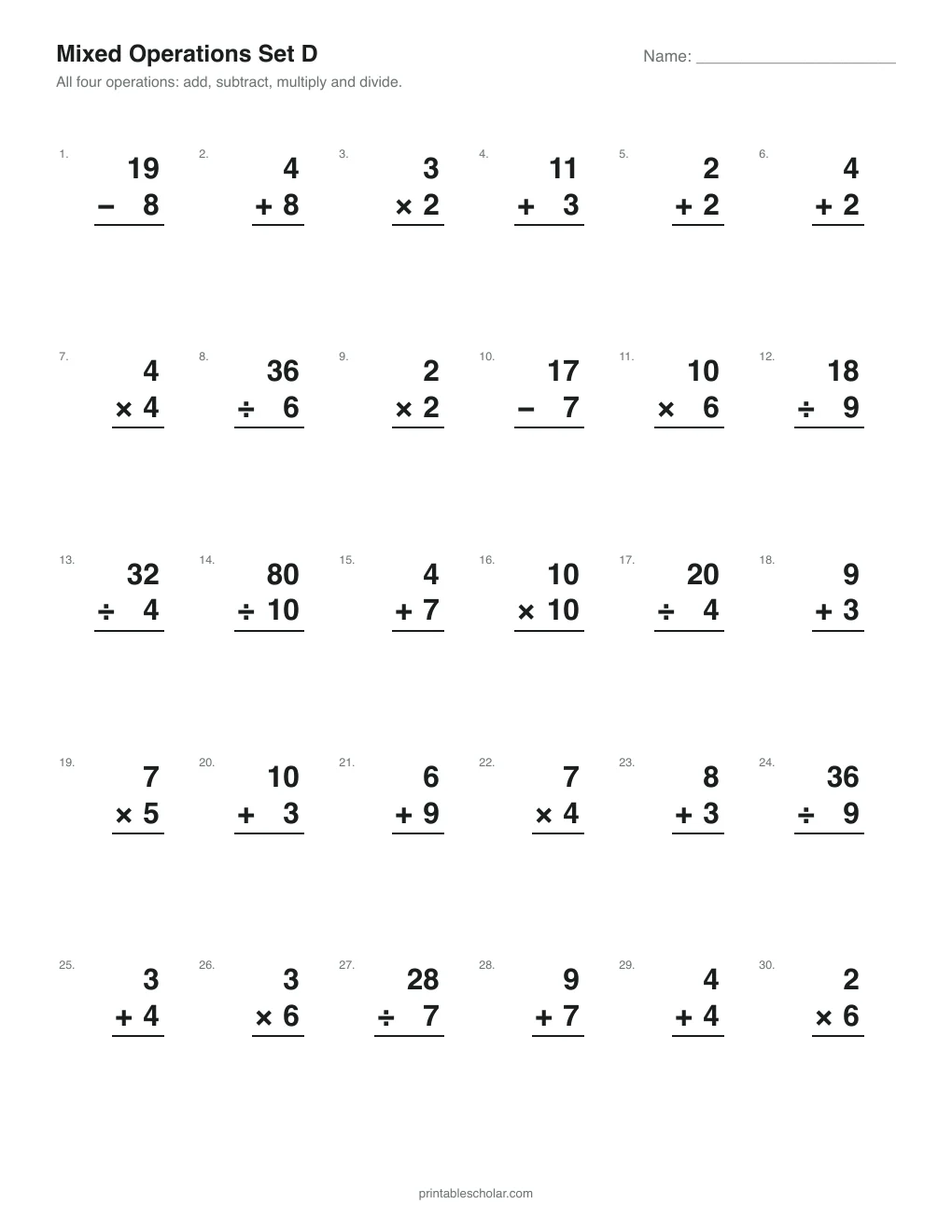 Set D: All Four Operations printable preview