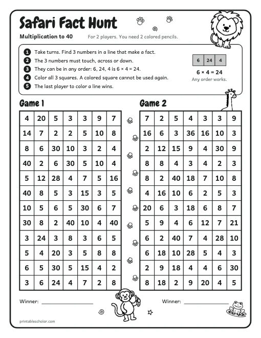 Safari Fact Hunt: Multiplication to 40 printable preview