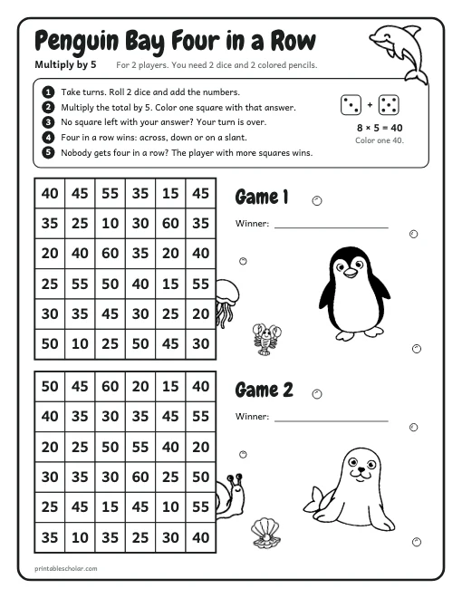 Penguin Bay Four in a Row: Multiply by 5 printable preview