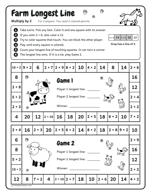 Farm Longest Line: Multiply by 2 printable preview