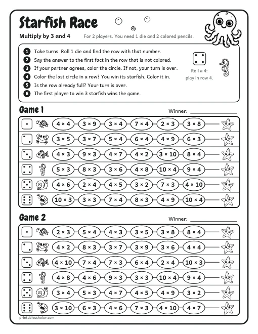 Starfish Race: Multiply by 3 and 4 printable preview