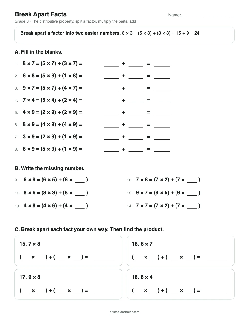 Break Apart Facts printable preview