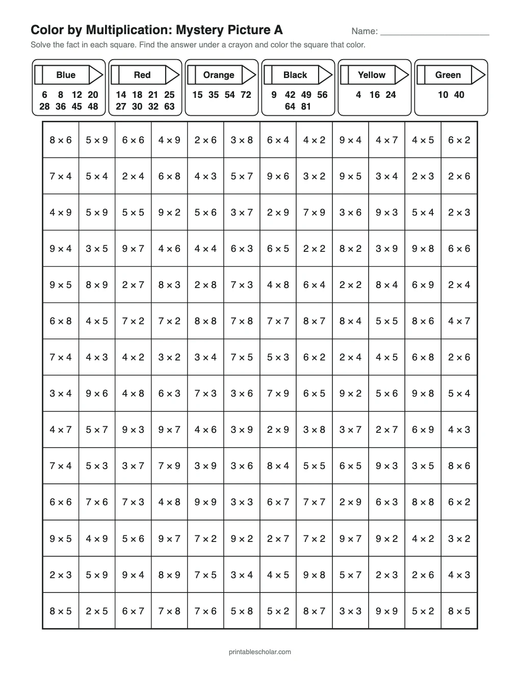 Color by Multiplication: Mystery Picture A printable preview