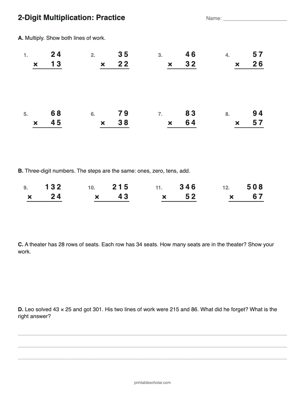2-Digit by 2-Digit: Independent Practice printable preview