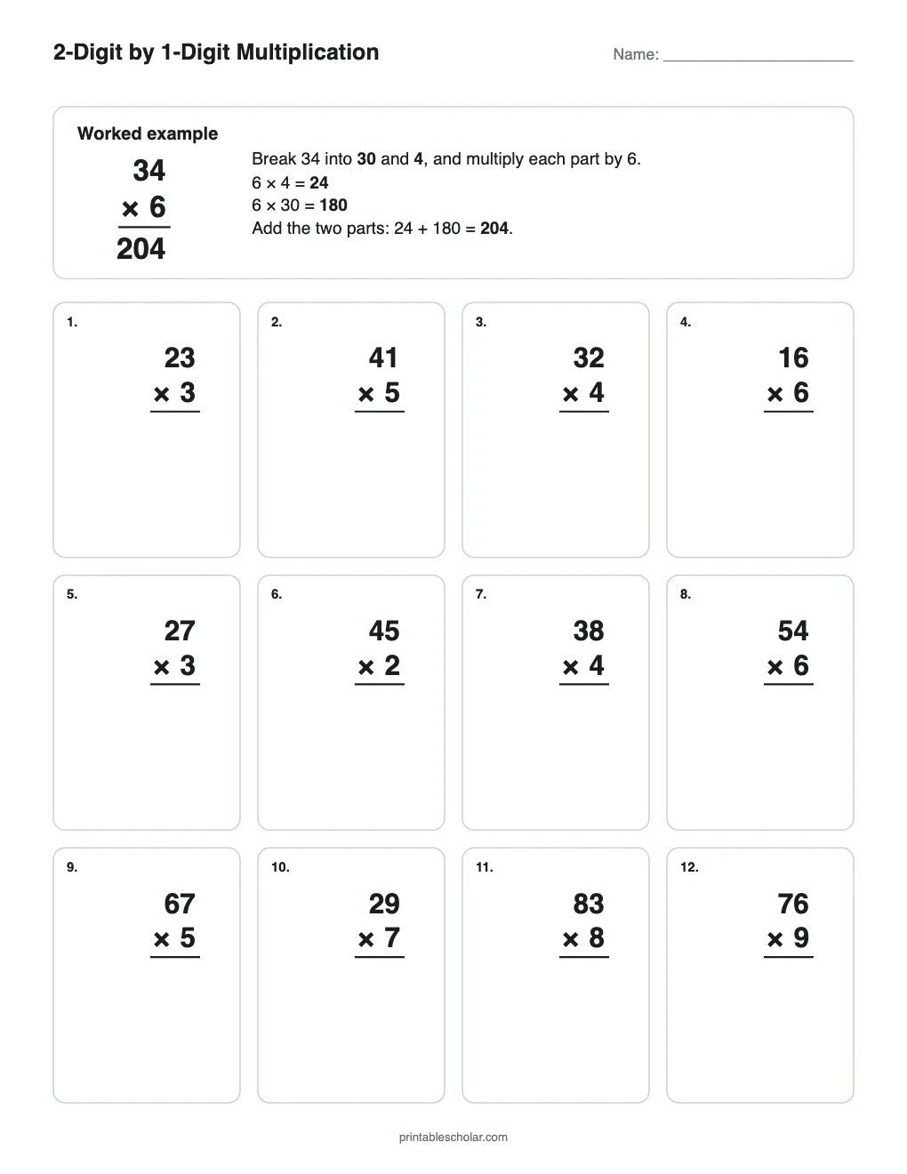 2-Digit by 1-Digit Multiplication printable preview