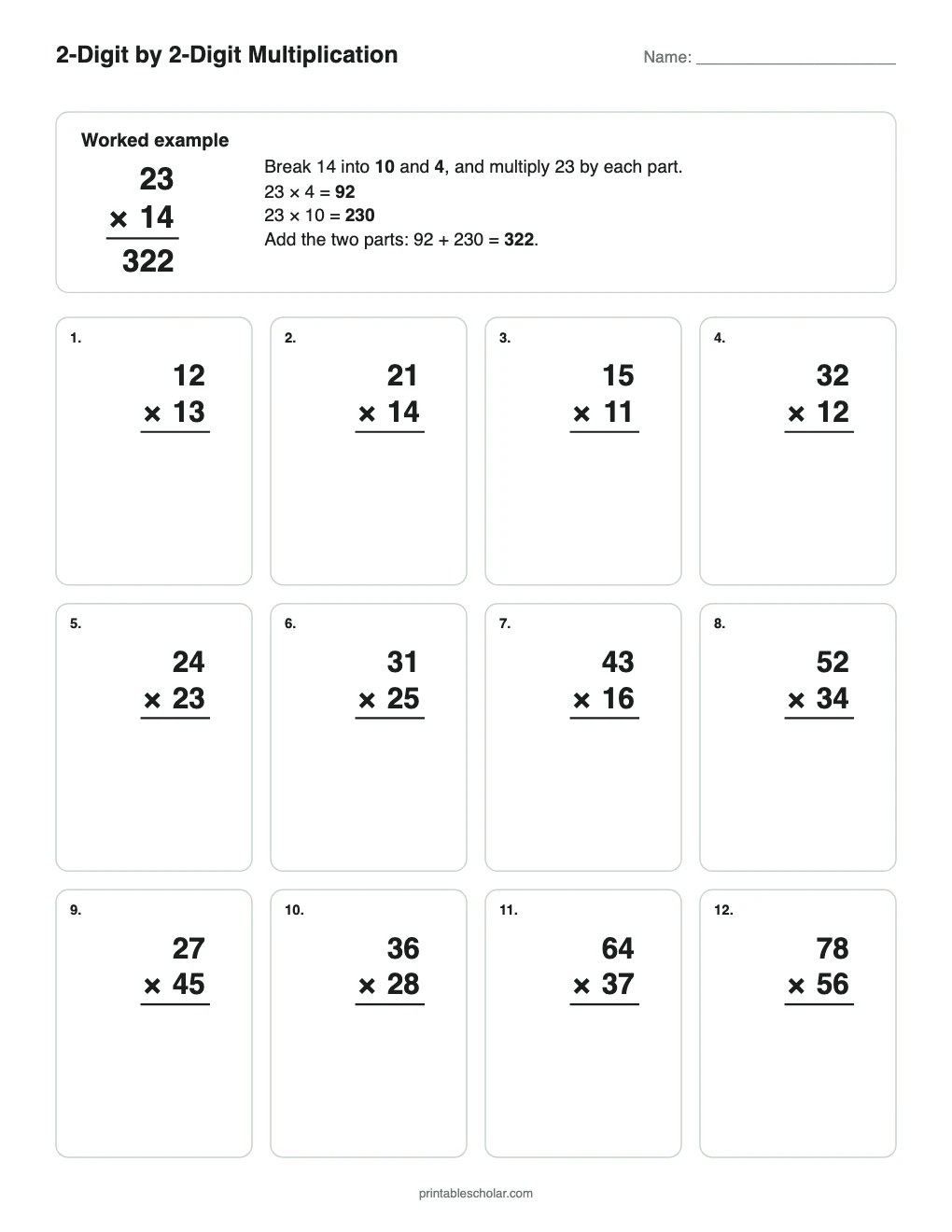 2-Digit by 2-Digit Multiplication printable preview