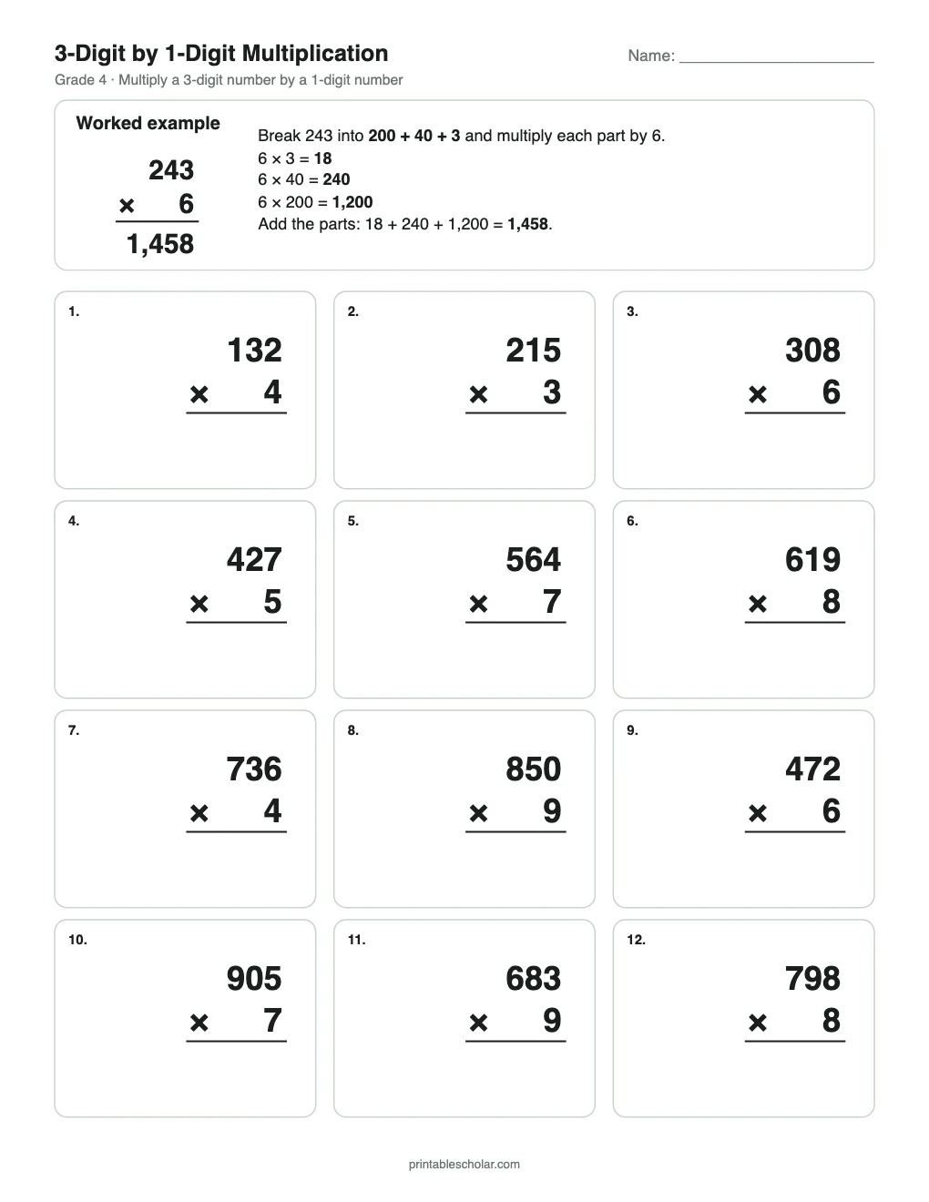 3-Digit by 1-Digit Multiplication printable preview