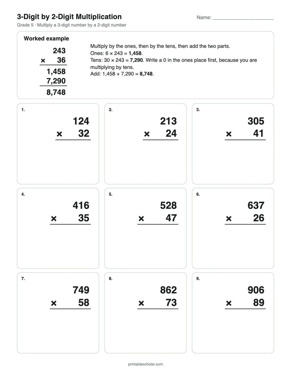 3-Digit by 2-Digit Multiplication printable preview