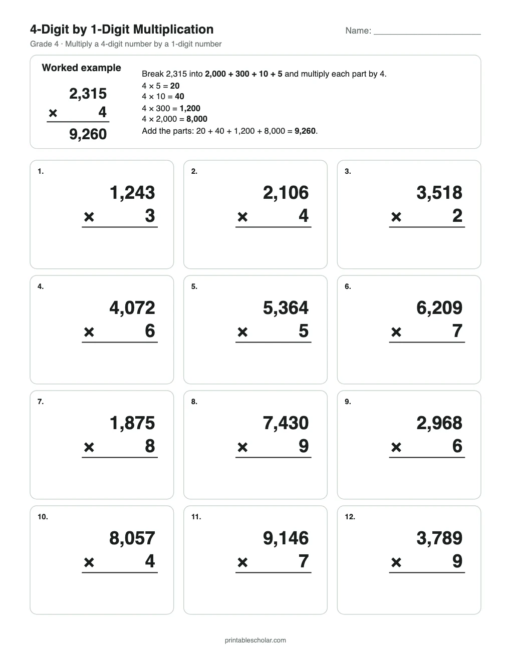 4-Digit by 1-Digit Multiplication printable preview