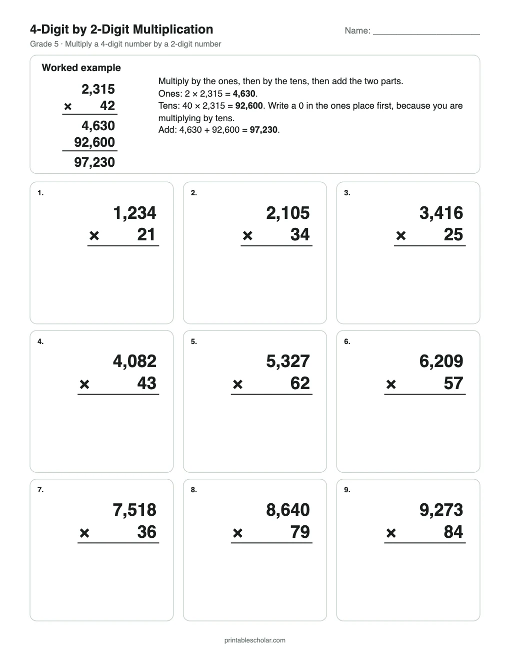 4-Digit by 2-Digit Multiplication printable preview