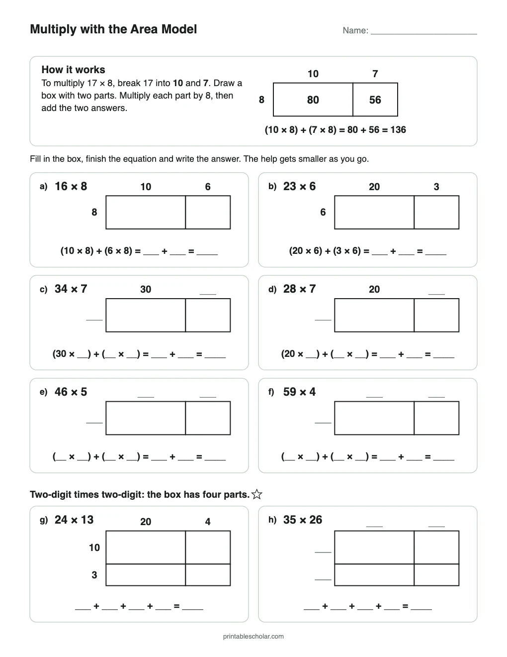 Multiply with the Area Model printable preview
