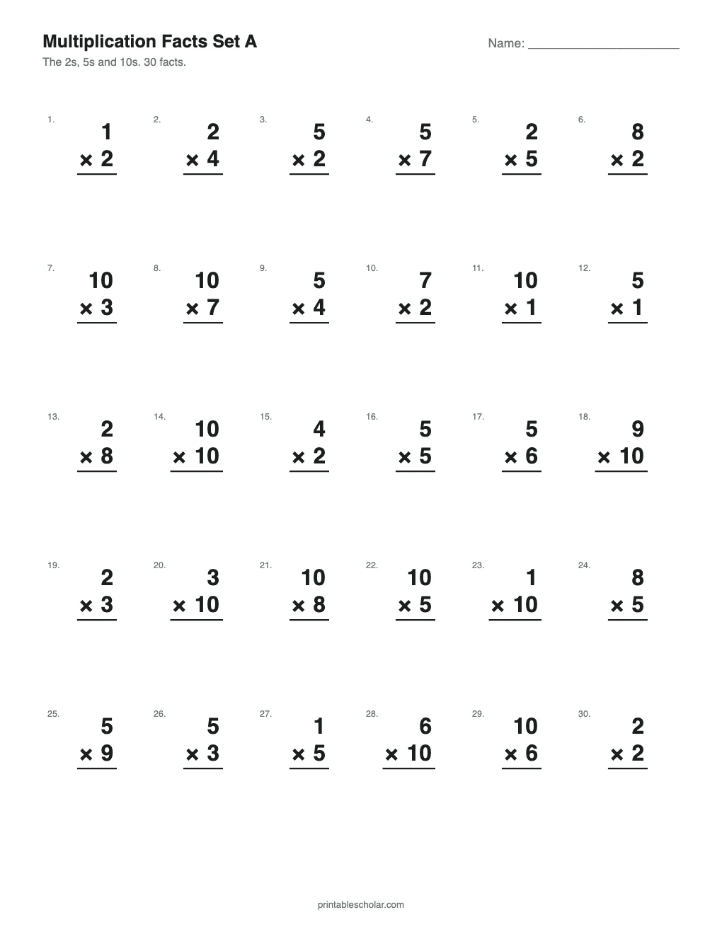 Multiplication Facts Set A: 2s, 5s, 10s printable preview