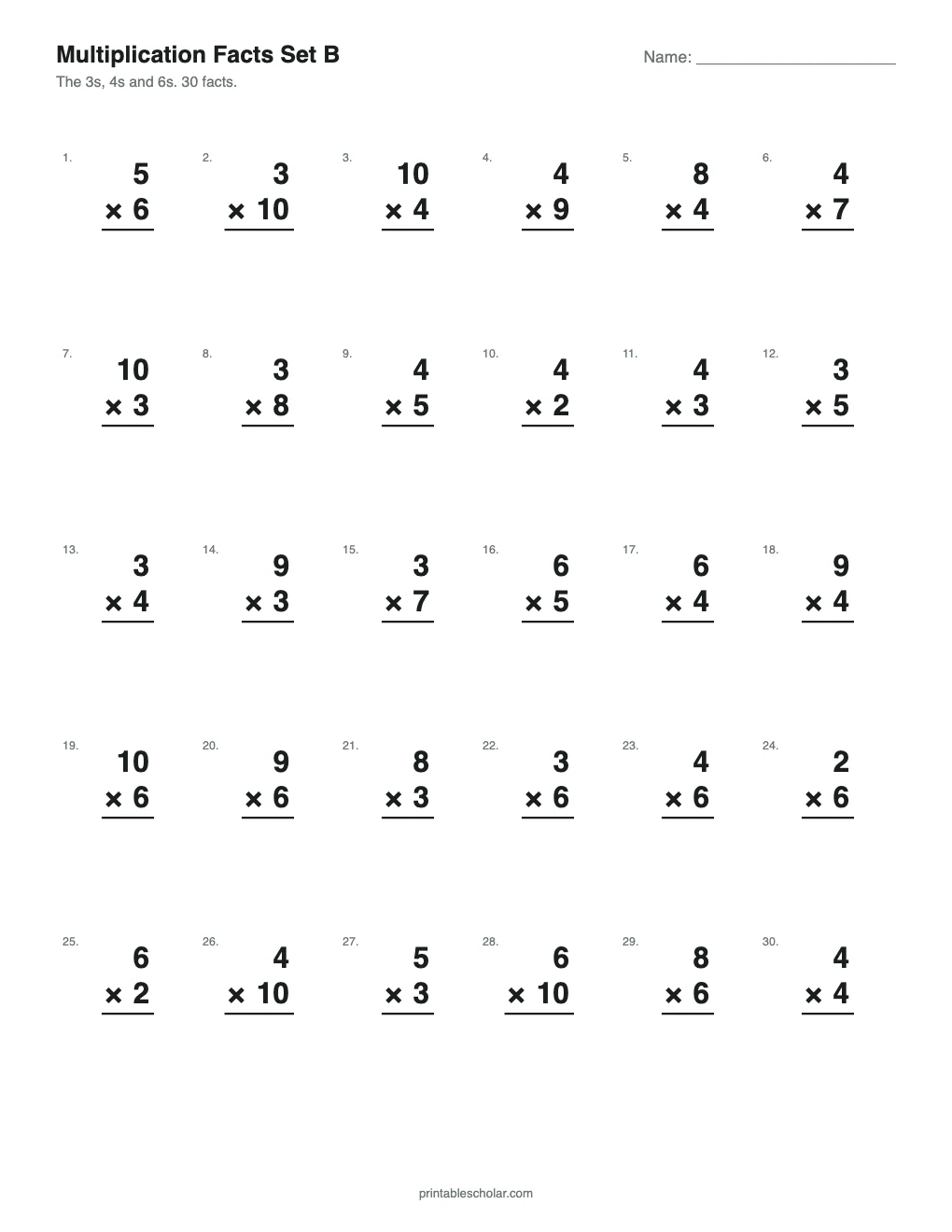 Multiplication Facts Set B: 3s, 4s, 6s printable preview