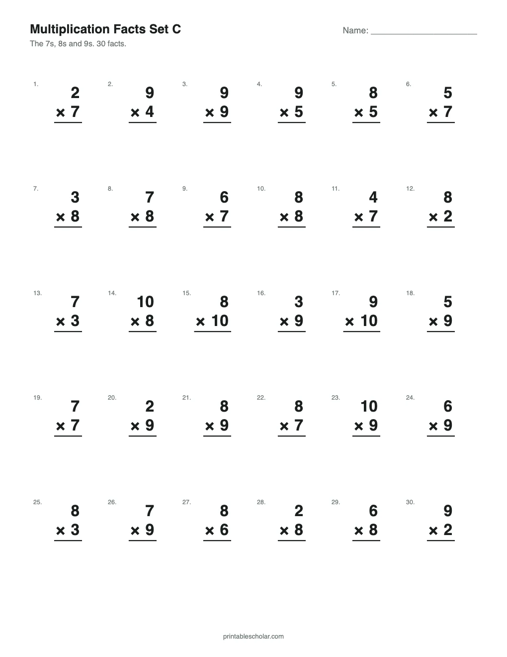 Multiplication Facts Set C: 7s, 8s, 9s printable preview