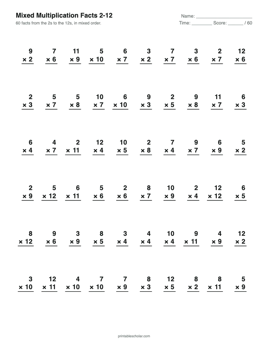 Mixed Multiplication Facts 2-12 (60 Problems) printable preview