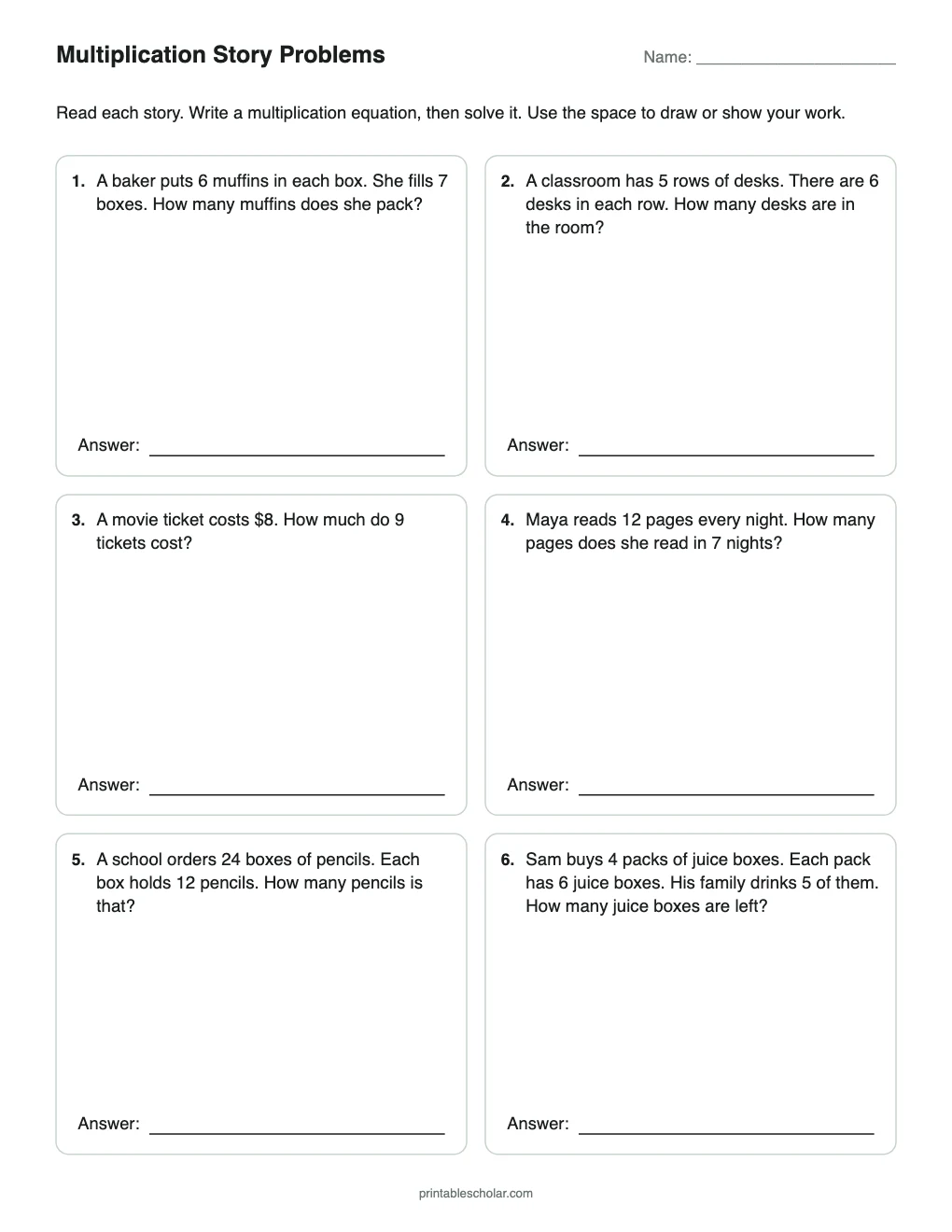 Multiplication Story Problems printable preview