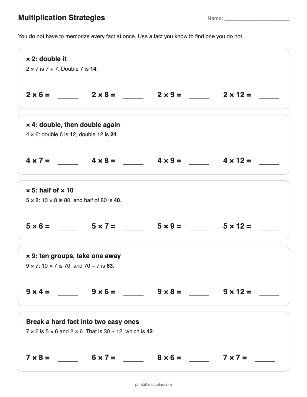 Multiplication Strategies printable preview
