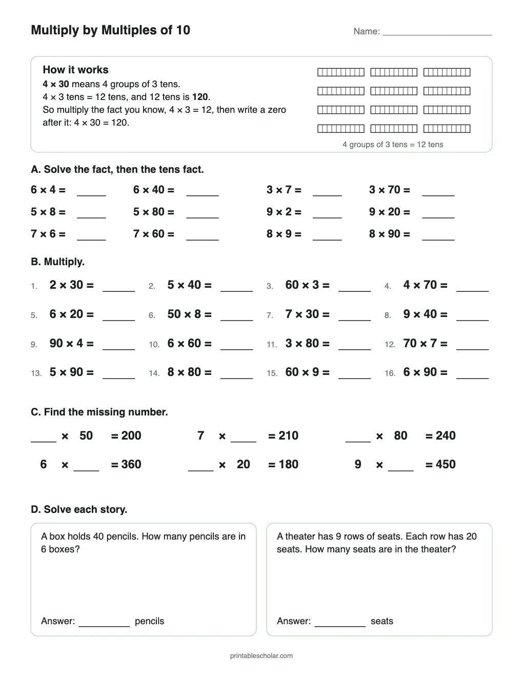 Multiply by Multiples of 10 printable preview
