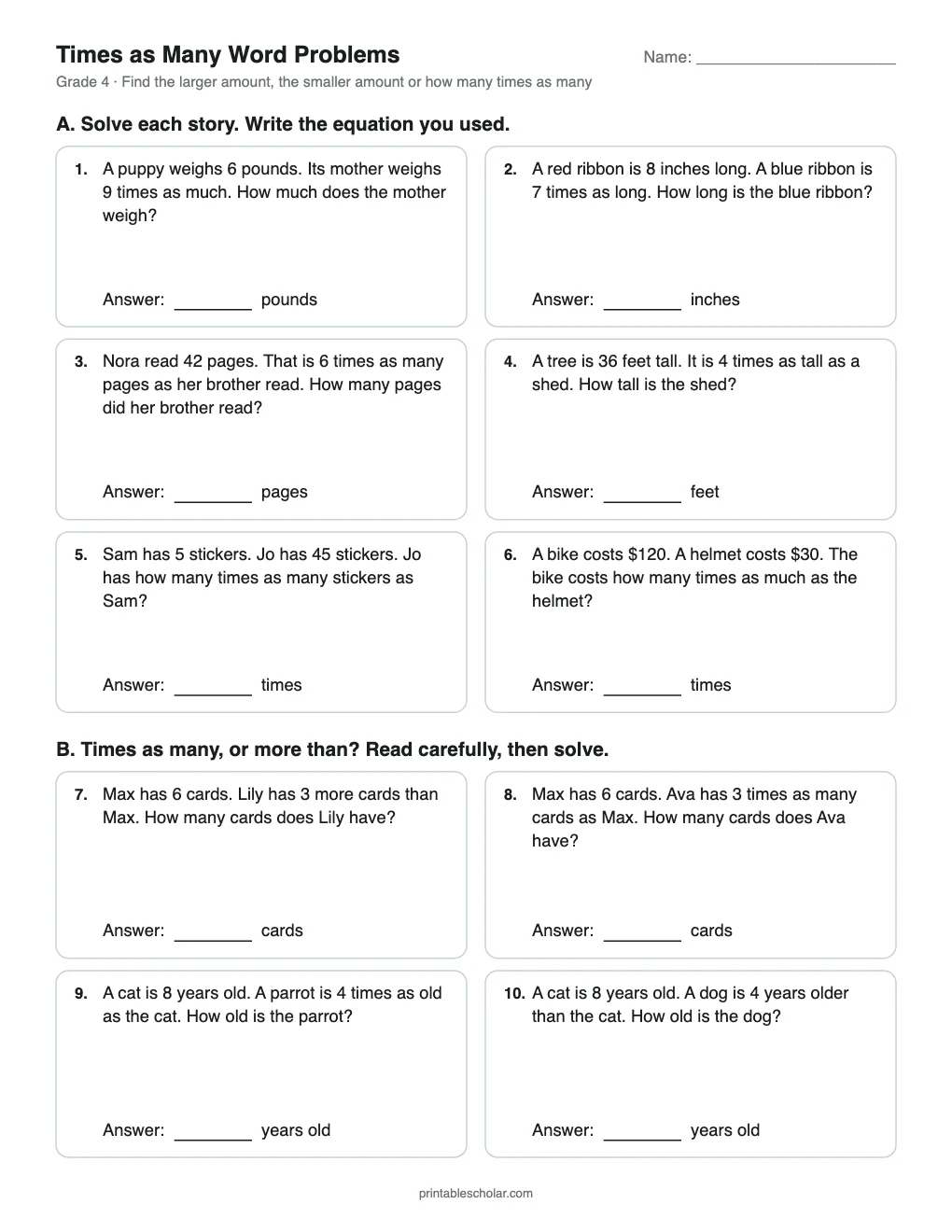 Times as Many Word Problems printable preview