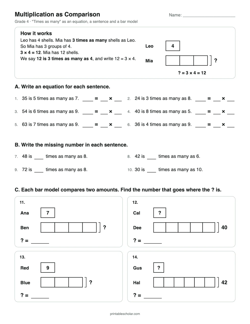 Multiplication as Comparison printable preview