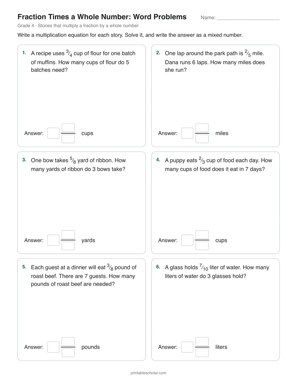 Fraction Times a Whole Number: Word Problems printable preview