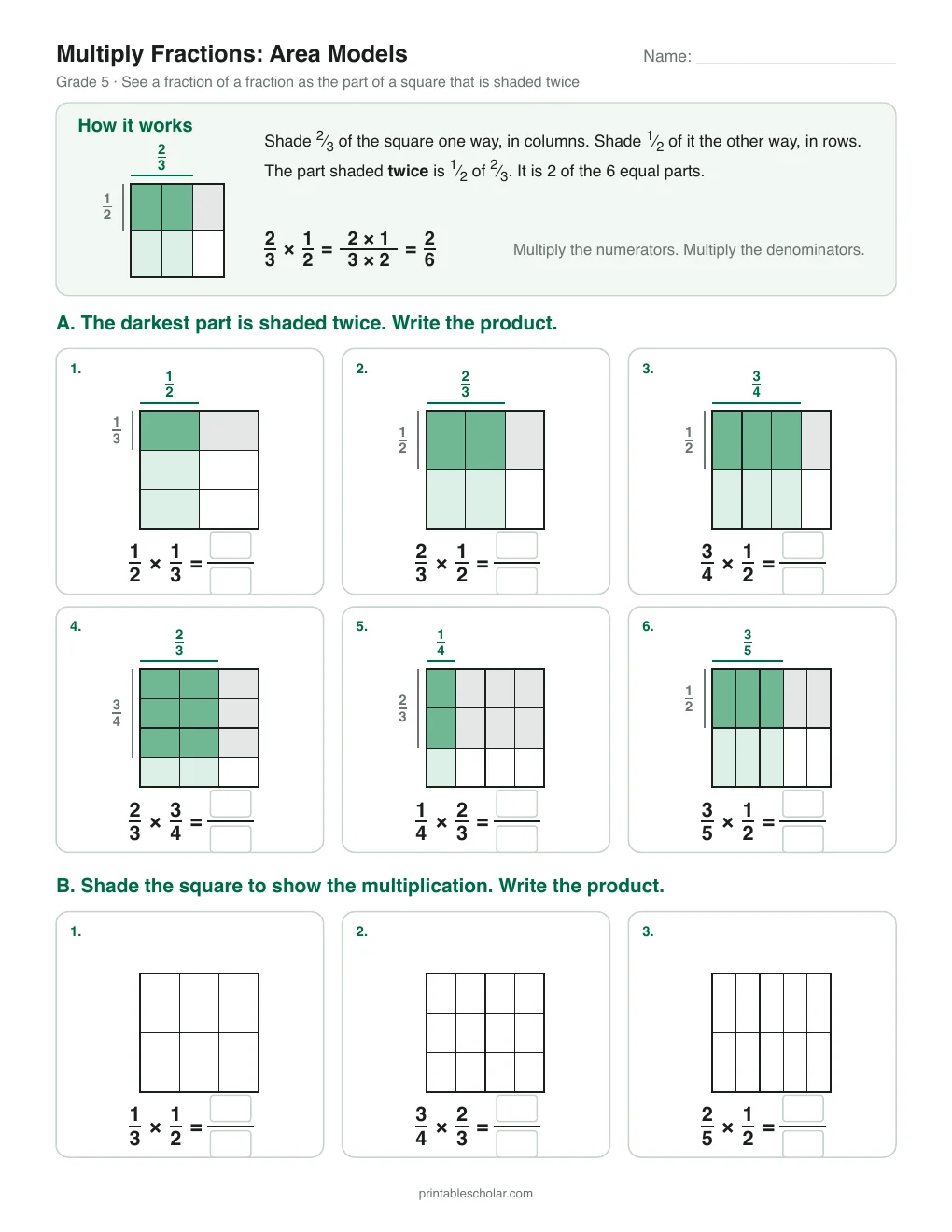 Multiply Fractions: Area Models printable preview