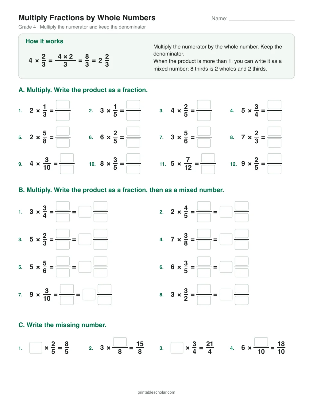 Multiply Fractions by Whole Numbers printable preview