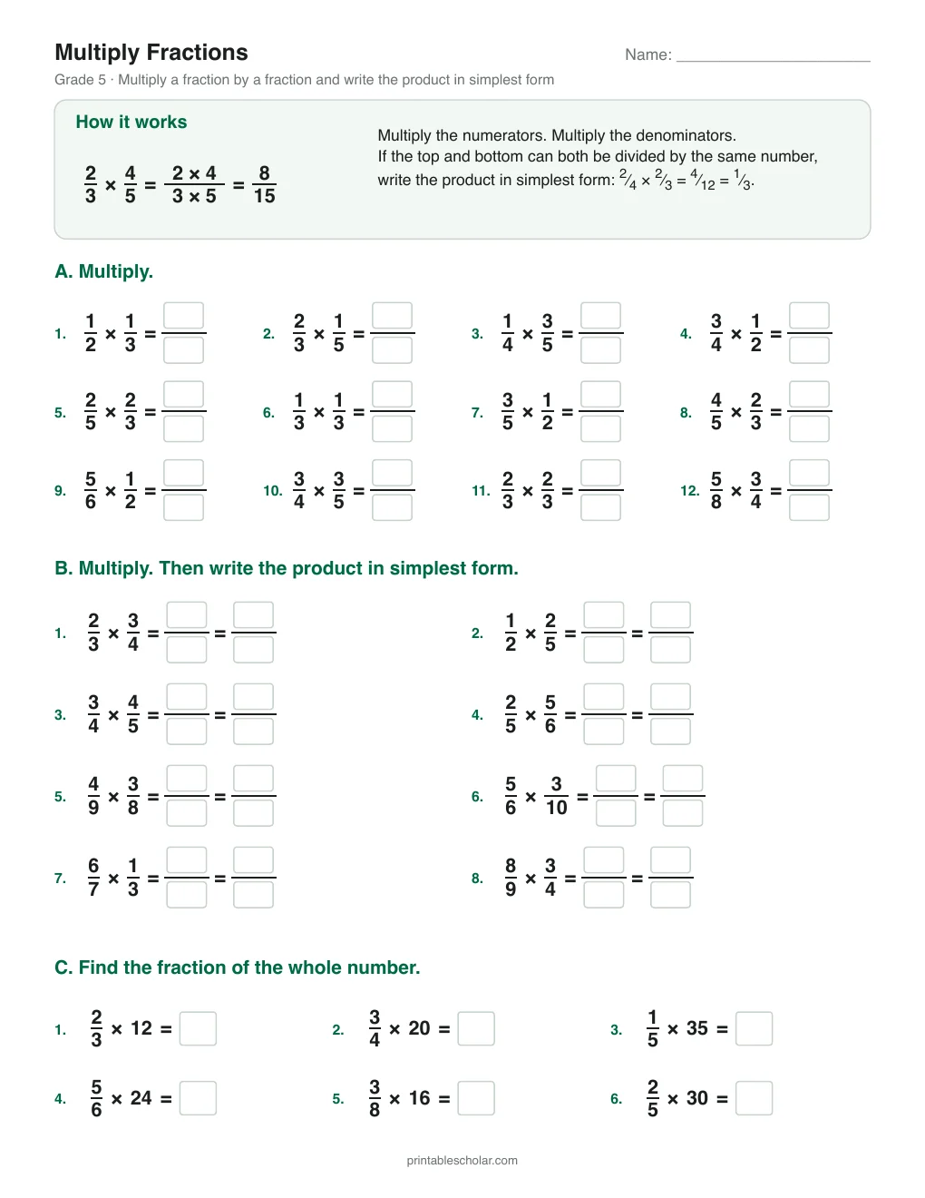 Multiply Fractions printable preview