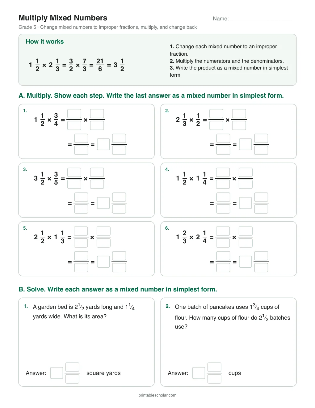 Multiply Mixed Numbers printable preview