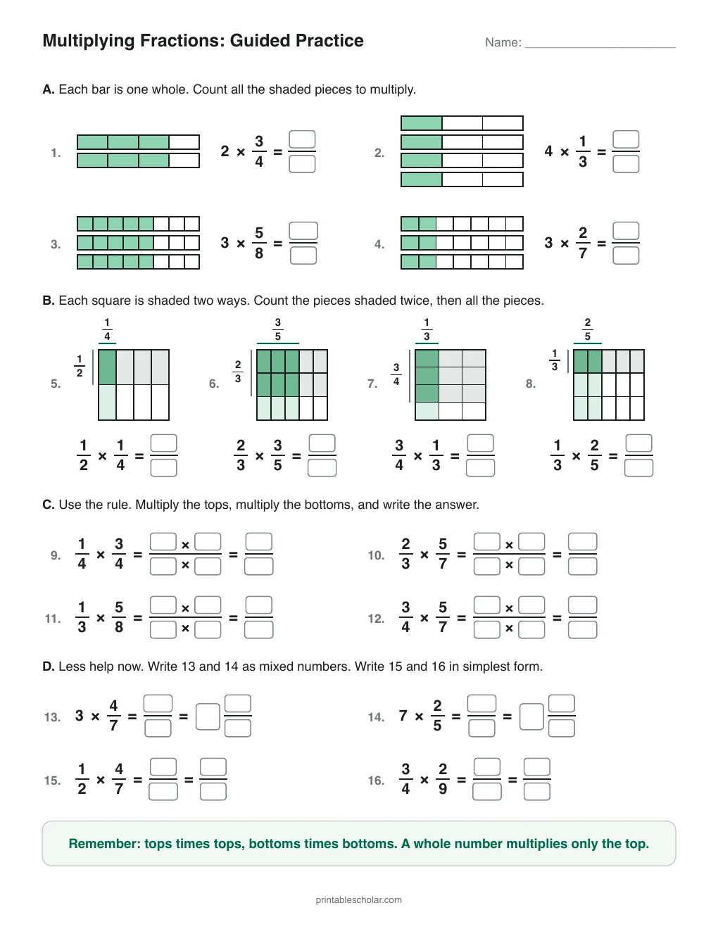 Multiplying Fractions: Guided Practice printable preview