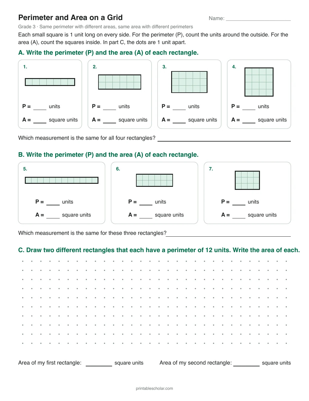 Perimeter and Area on a Grid printable preview