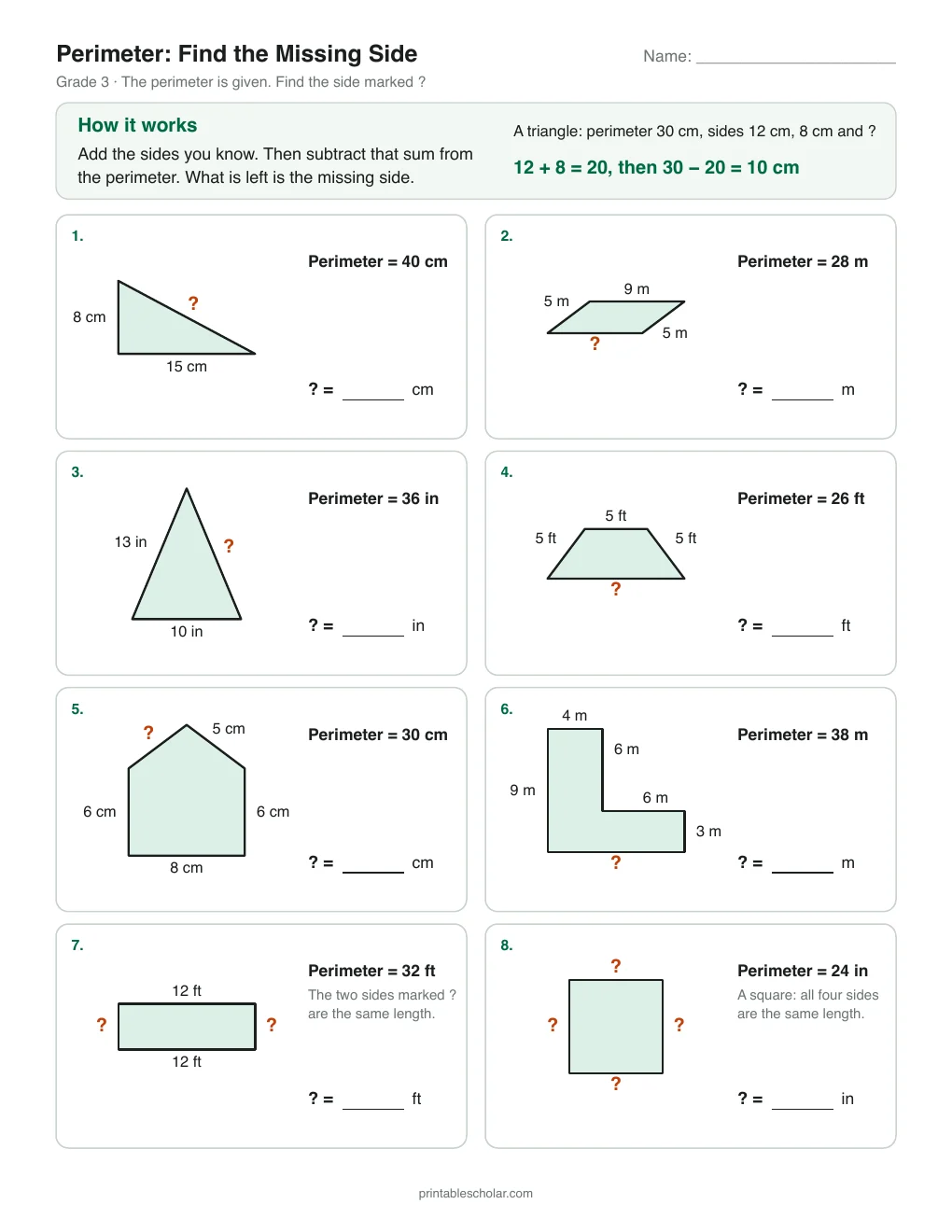 Perimeter: Find the Missing Side printable preview