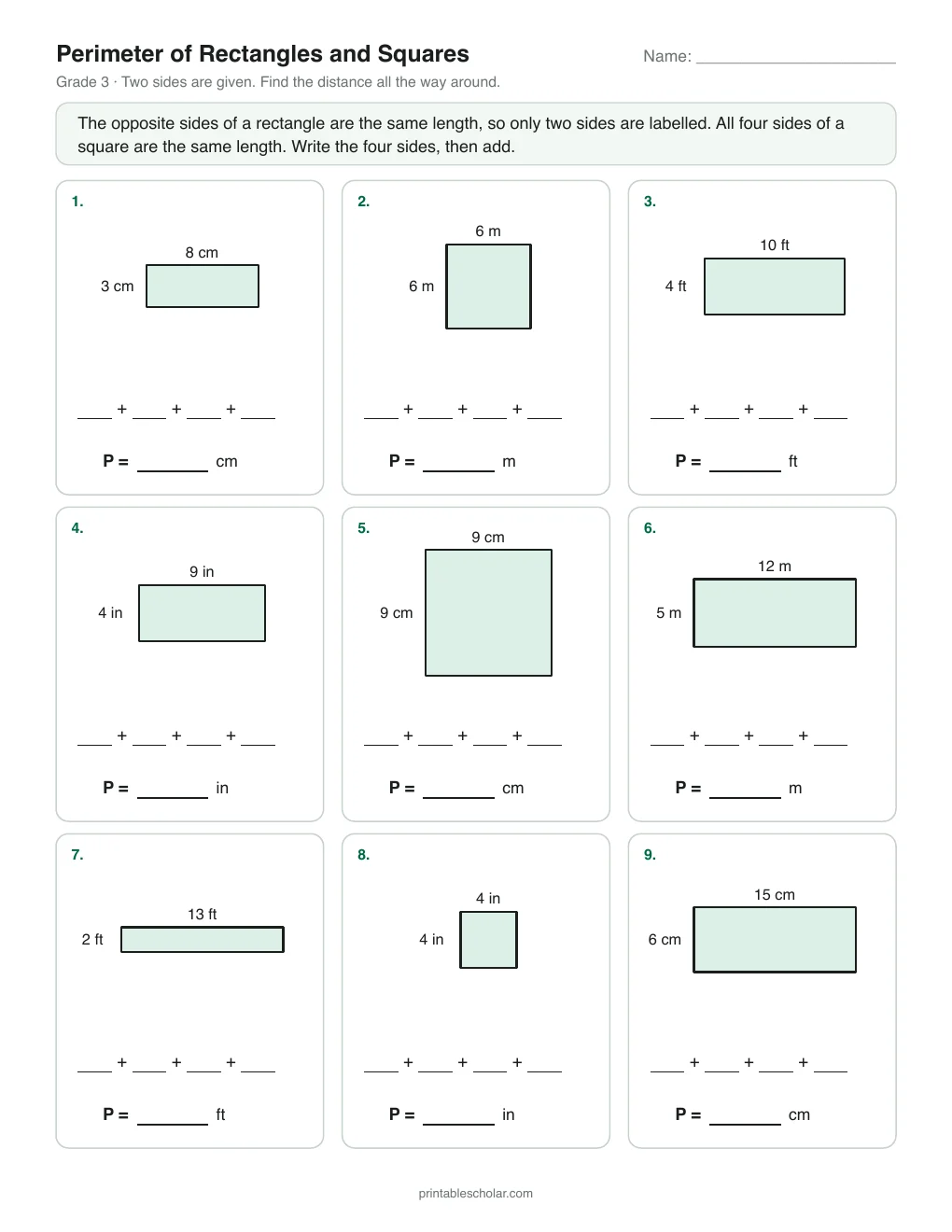 Perimeter of Rectangles and Squares printable preview