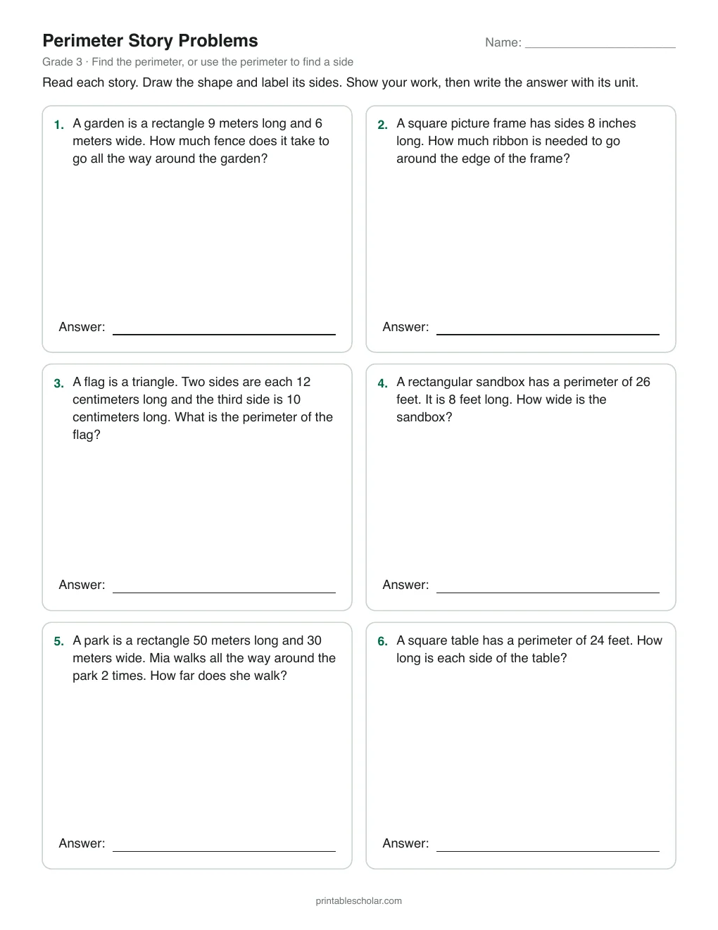 Perimeter Story Problems printable preview