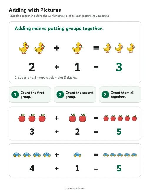 Adding with Pictures Chart printable preview