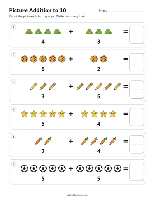 Picture Addition to 10 printable preview