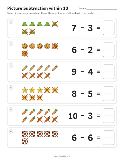 Picture Subtraction within 10 printable preview