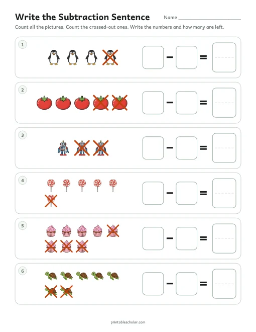 Write the Subtraction Sentence printable preview