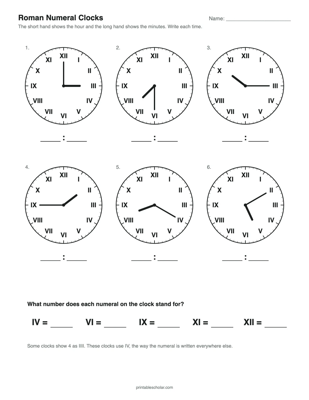 Roman Numeral Clocks printable preview
