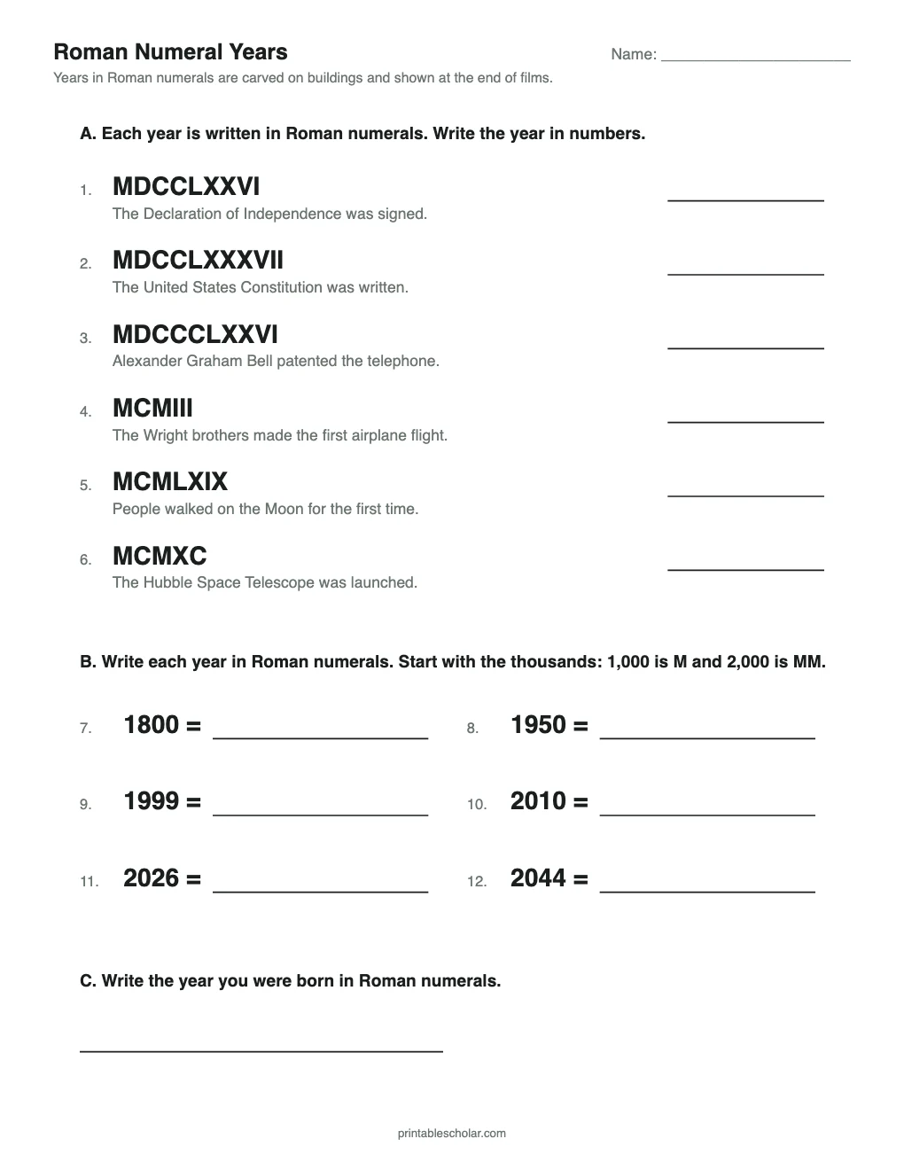 Roman Numeral Years printable preview